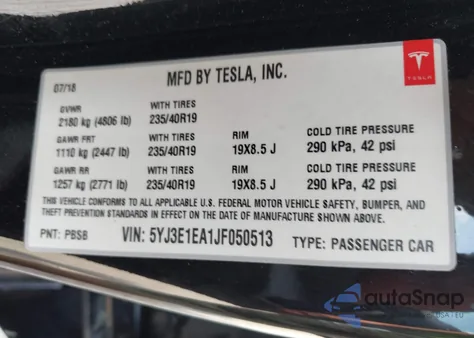 2018 Tesla Model 3 Long Range/Mid Range from USA, damaged, VIN 5YJ3E1EA1JF050513